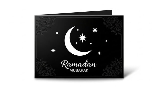 Black ramadan mubarak greeting card with white crescent moon and stars design on a plain white background for islamic holiday celebrations with Islamic greeting - Powered by Adobe