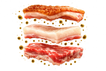 Three layers of pork belly on a transparent background image shot.