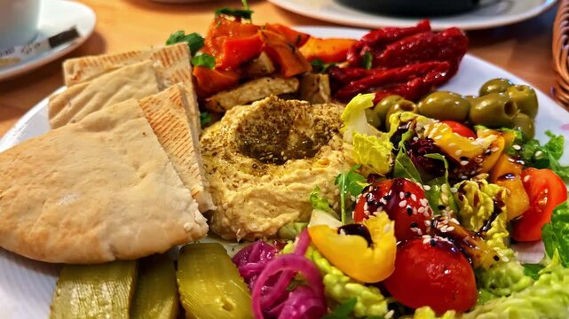 Colorful Middle Eastern mezze platter with hummus, salad, olives, and pita on white plate