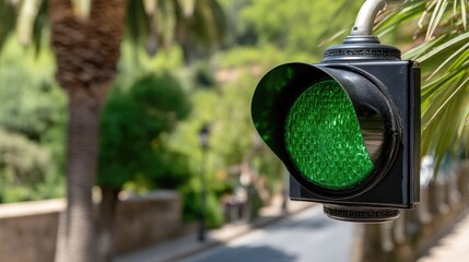 Close-up of green traffic light guiding pedestrians in a city park as people cross the road to go to work or school during daytime hours