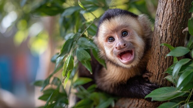 A mischievous capuchin monkey swinging acrobatically between branches grinning widely exotic pet