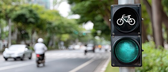 Green bicycle traffic light signals safe crossing at a busy intersection for cyclists during daytime with blurred background details