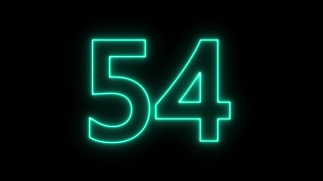 glowing neon text 54 number countdown icon. flickering neon number 54 on black background.
