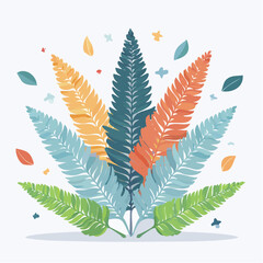 Colorful fern leaves illustration on white background for decorative designs
