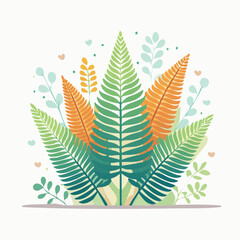 Stylized illustration of ferns and foliage in vibrant green and orange colors