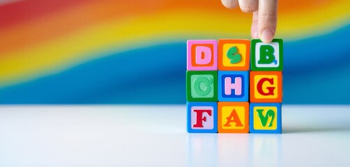 Colorful wooden alphabet blocks spelling debug with hand above