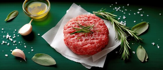 Ground beef on parchment with garlic and rosemary on a green table, oil and salt present for cooking preparation