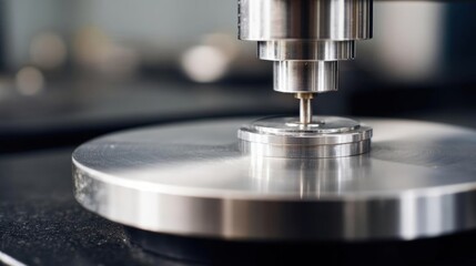 Close-up of a cnc (computer numerical control) machine in action. the machine is in the process of cutting a metal plate with a drill bit.