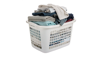Laundry basket filled with clothes stacked neatly isolated on transparent background cut out