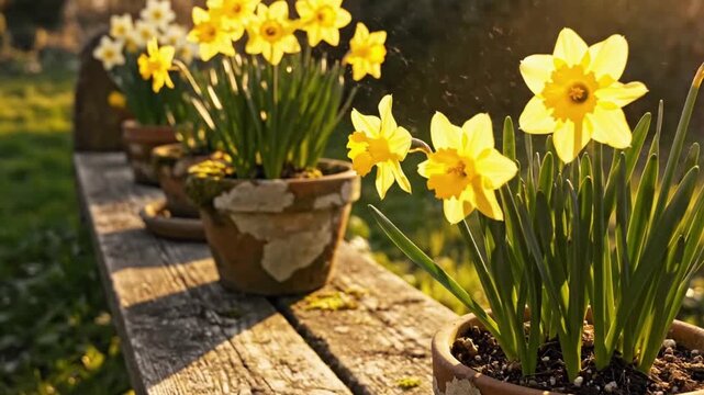 Daffodils in clay pots line a weathered wooden bench bathed in warm sunlight