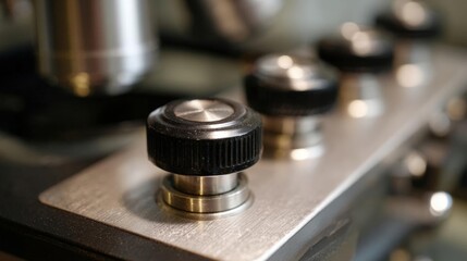 Close-up of a metal knob on a machine. the knob is black and has a round base with a small hole in the center. it appears to be made of metal and is attached to a metal plate.