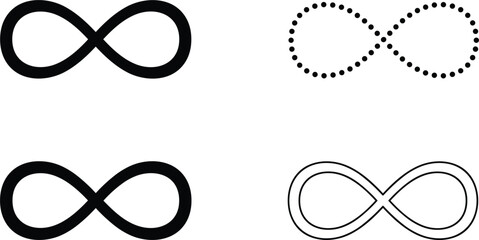 Professional black infinity icon set featuring bold solid dotted and double line loop designs for eternal concept visualization.