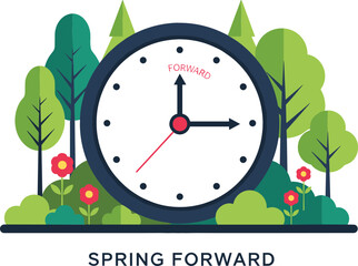 Minimalist vector clock illustration with a geometric forest background and spring flowers for the Spring Forward time change.