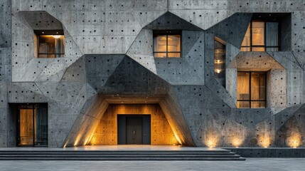 Modern concrete building exterior with abstract geometric patterns asymmetrical shapes and a monochrome palette