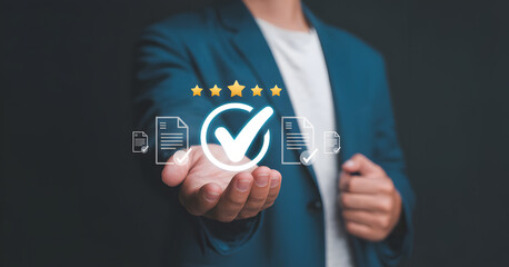 Businessman in blue suit presenting a check mark with documents and stars icons