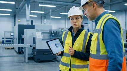 Industrial engineers analyzing a 3D model on a digital tablet. Man and woman in hard hats collaborating in a modern factory. Manufacturing technology concept - Powered by Adobe