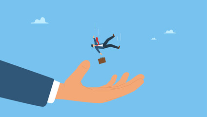 Businessman investor falling from the sky into a soft helping hand. Business support, insurance or emergency money to rescue in economic crisis or investing margin of safety to protect losses.
