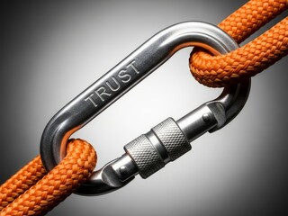 A silver carabiner with the word trust engraved on it clipped onto an orange rope with metal and climbing and adventure and safety and outdoor and equipment with secure