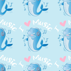Seamless vector pattern with cute dolphins and lettering I love music.