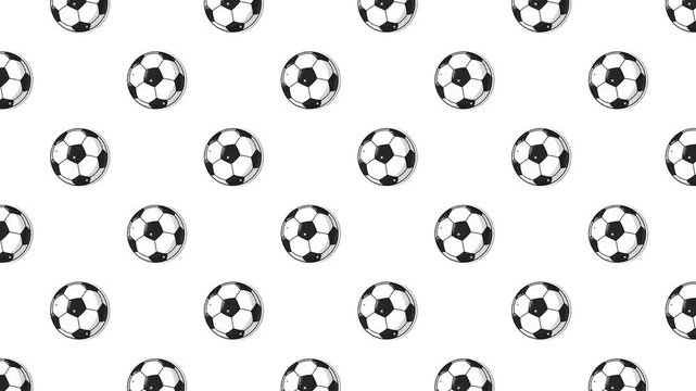 Dynamic football pattern animation featuring a grid of soccer balls moving diagonally. High-contrast, crisp motion background ideal for sports social media, commercials, and football-related overlays