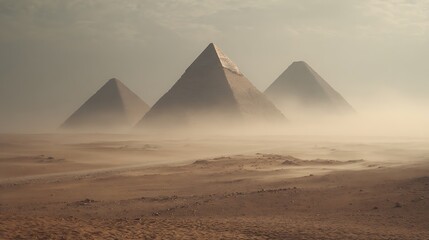 Desert scene with three ancient triangular structures and sandstorm