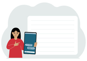 A woman holds a mobile phone with correspondence and SMS messages in his hand. Advertising, poster, place for text.