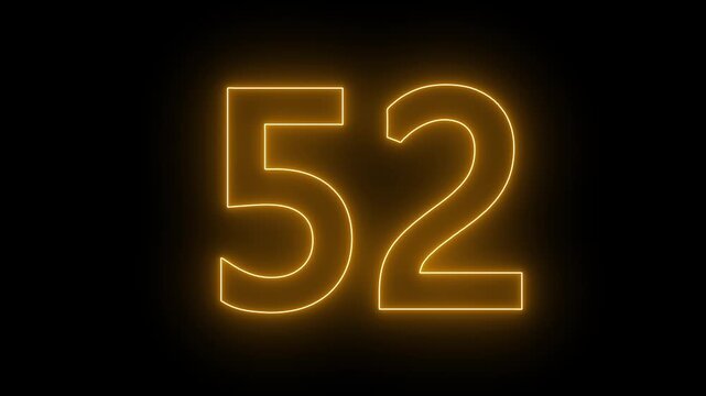 glowing neon text 52 number countdown icon. flickering neon number 52 on black background.