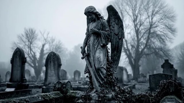 Weathered stone angel statue in a foggy cemetery with old tombstones. Gothic grave monument with wings and sword in the mist. Spooky and eerie atmosphere for Halloween or horror concept
