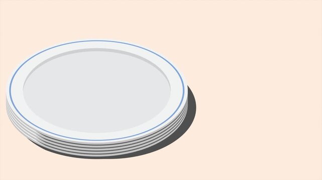 Isometric plates animation. Empty plates. Isometric cutlery. Isometric tableware. 4K video animated in isometric style