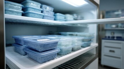 Open refrigerator with several plastic containers on the shelves. the containers are blue in color and appear to be filled with ice cubes.