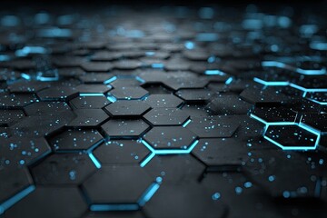 Abstract hexagonal surface with glowing blue edges and particles, in a futuristic, techy theme