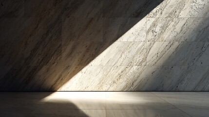 Dramatic diagonal sunlight across a mottled marble wall, reflecting on a polished stone floor