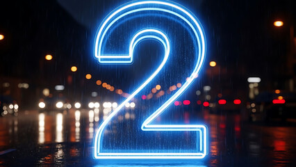 Glowing blue neon number two stands brightly on a wet city street at night during rain