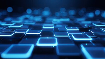 Abstract digital surface comprised of illuminated blue squares, bokeh background