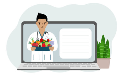 Online video or consultation of a male doctor on a laptop. Dietitian, nutritionist.