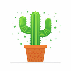 Cartoon cactus illustration in pot with decorative green stars on white background