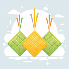 Colorful ketupat illustrations against a cloudy sky background