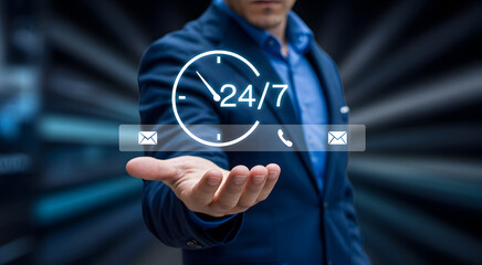 Man in blue shirt and jacket showing 24 hours 7 days a week service concept
