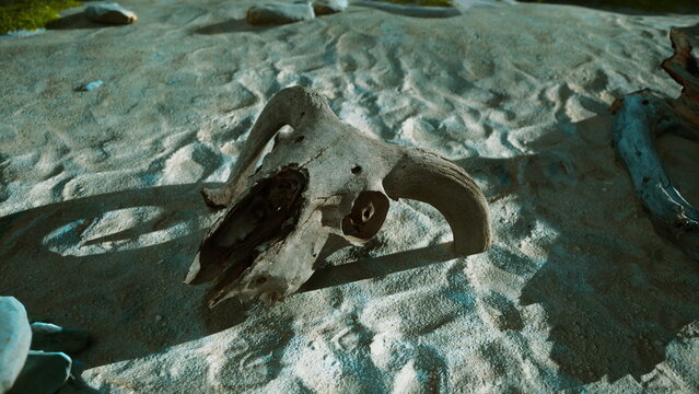 On a warm sunny day, an ancient bison skull lies on a sandy landscape, surrounded by scattered rocks and driftwood. Natures beauty contrasts with the remnants of wildlife.