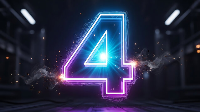 Vibrant neon number four with dynamic electric sparks in a dark futuristic setting - Powered by Adobe