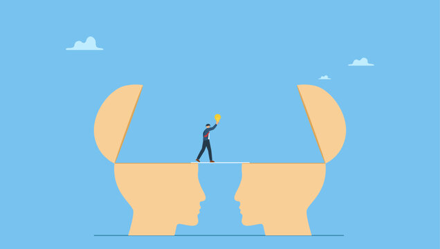 Businessman holding idea light bulb walking on the bridge from human head brain to other. Knowledge transfer or idea sharing between employee or teamwork, skill training or work transition.