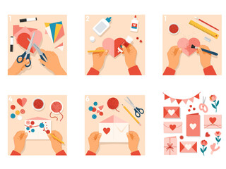 Illustrated image of hands holding a diagram made of colorful buttons connected by a red string. Could be used for crafting or business concepts.