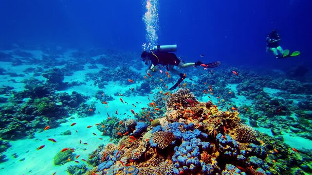 Scuba diving Red Sea vibrant coral reef environment wearing full gear underwater marine life