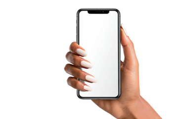Hand holding a modern smartphone with a blank white screen against a black background