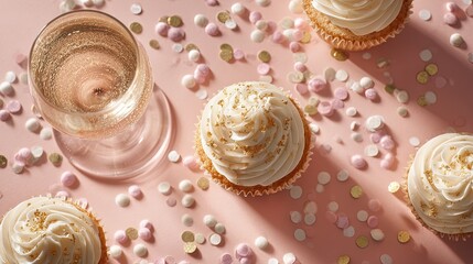 Fototapeta premium Flat lay of champagne cupcakes gold-dusted frosting bubbly glass and confetti celebratory and chic