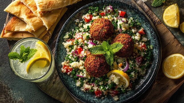 Flat lay of a Middle Eastern lunch falafel tabbouleh warm pita and a glass of minty lemonade