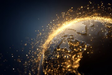 World glowing in golden sparkling light with copy space, realistic stock photography concept of global connection and hope