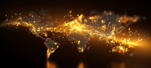 World glowing in golden sparkling light with copy space, realistic stock photography concept of global connection and hope