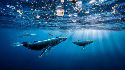 Plastic pollution in the ocean is an environmental problem. Whales swim among plastic waste in the ocean. A global problem, a threat to ocean wildlife and calling for urgent action