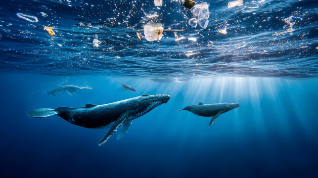 Plastic pollution in the ocean is an environmental problem. Whales swim among plastic waste in the ocean. A global problem, a threat to ocean wildlife and calling for urgent action